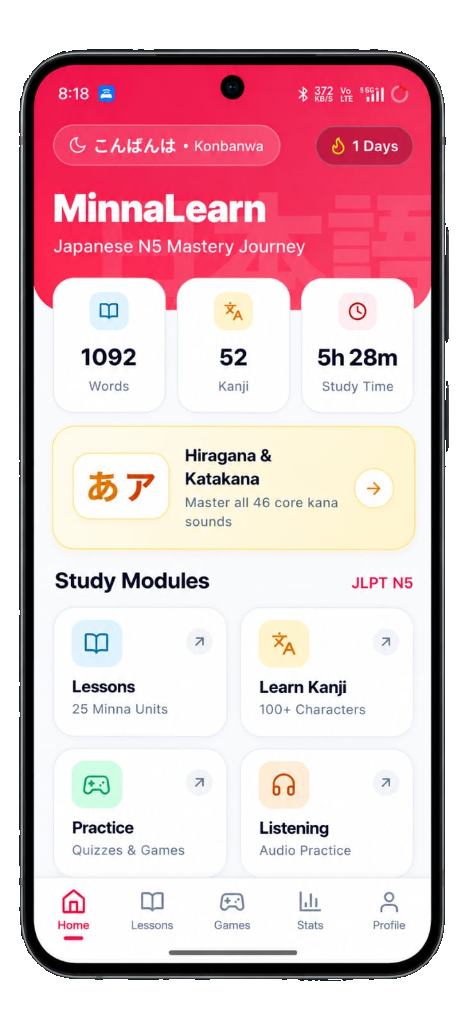 MinnaLearn Japanese N5 App Interface